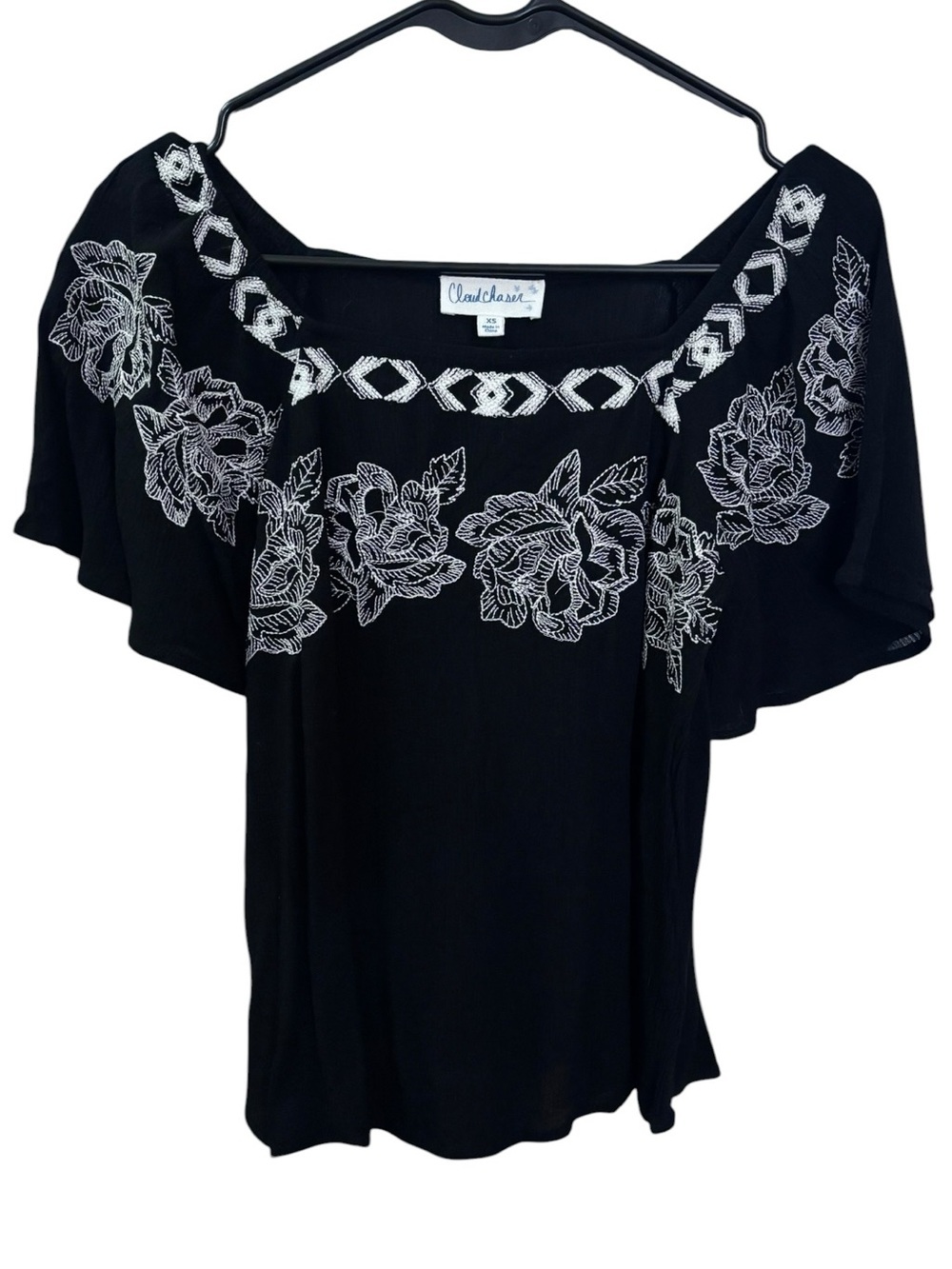 Boho Cloud Chaser Black Floral Embroidered Off The Shoulder Blouse | Size XS
